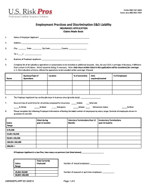 Employment Practices and Discrimination E&O Insurance Application