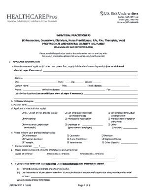 US Risk Individual Practitioners Professional and General Liability Insurance Application