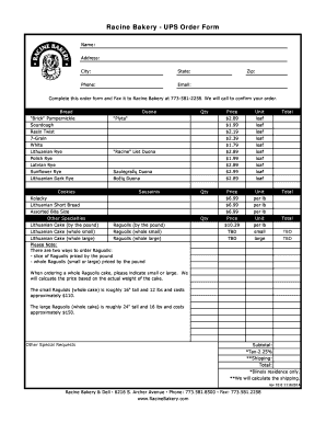 Racine Bakery UPS Order Form