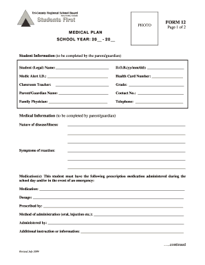 School Medical Plan Form