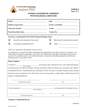 Parent Consent Form for Psychological Services