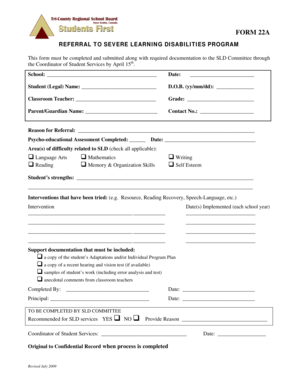 Form 22A Referral to Severe Learning Disabilities Program