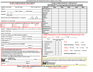 Kinkaid School Student Health Form