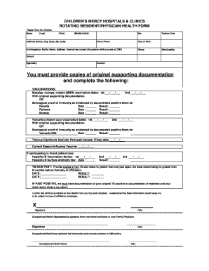 Children's Mercy Hospitals Rotating Resident Health Form