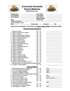 Concordia University Sports Medicine Medical History Form