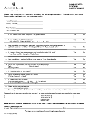 Homeowners Insurance Renewal Questionnaire