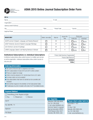 ASHA 2015 Online Journal Subscription Order Form