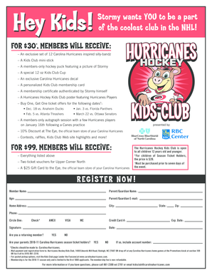 Carolina Hurricanes Kids Club Membership Form
