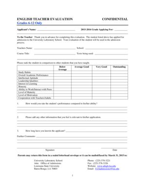 English Teacher Recommendation Form - University Laboratory ... - uhigh lsu