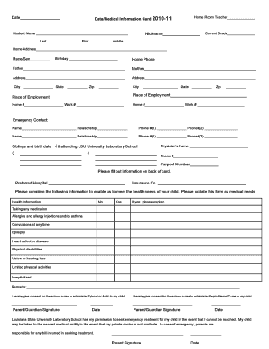 Louisiana Student Medical Information Card