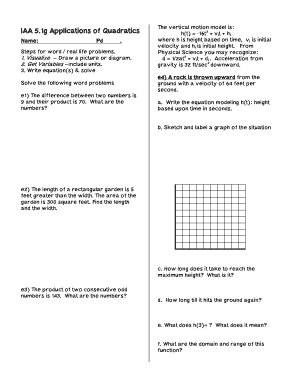 Quadratic Word Problems Worksheet