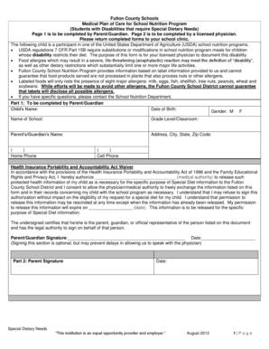 Fulton County Schools Medical Plan of Care for Special Dietary Needs