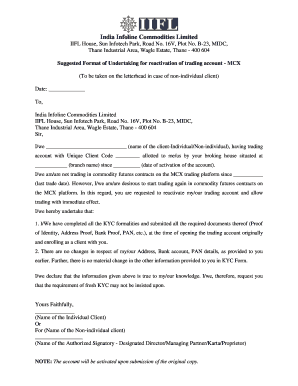 MCX Trading Account Reactivation Undertaking