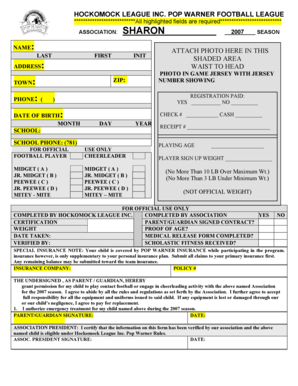 Hockomock League Pop Warner Football Registration Form