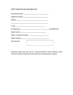 ASUS Nexus 7 Dock Limited Warranty Form