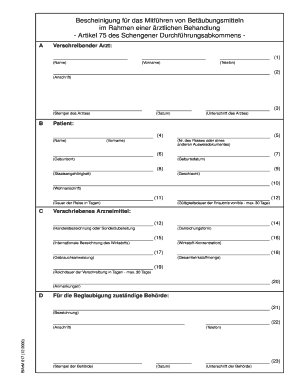Bescheinigung für das Mitführen von Betäubungsmitteln im Rahmen einer ärztlichen Behandlung
