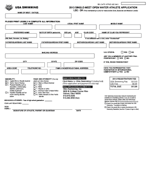 USA Swimming 2013 Single-Meet Open Water Athlete Application