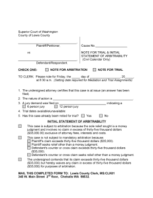 Washington Note for Trial & Initial Statement of Arbitrability