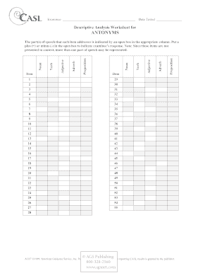Descriptive Analysis Worksheet for Antonyms