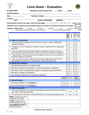 Lions Quest Workshop Evaluation Form