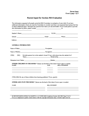 Parent Input Form 8 for Section 504 Evaluation
