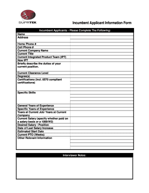 Incumbent Applicant Information Form