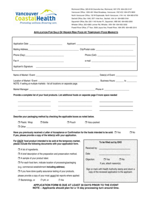 Application for Sale of Higher Risk Food at Temporary Food Markets