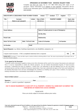 Springboks UK November Tour Booking Request Form