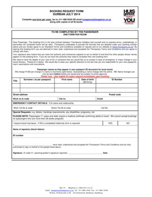 Thompsons Holidays Booking Request Form