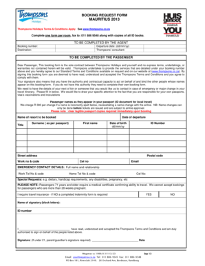 Thompsons Holidays Booking Request Form