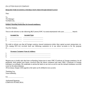 Request for Standing Instruction for Inward Remittance
