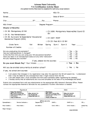 Arizona State University VA Certification Activity Sheet