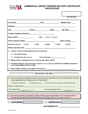 Commercial Driver Training Military Certificate Application