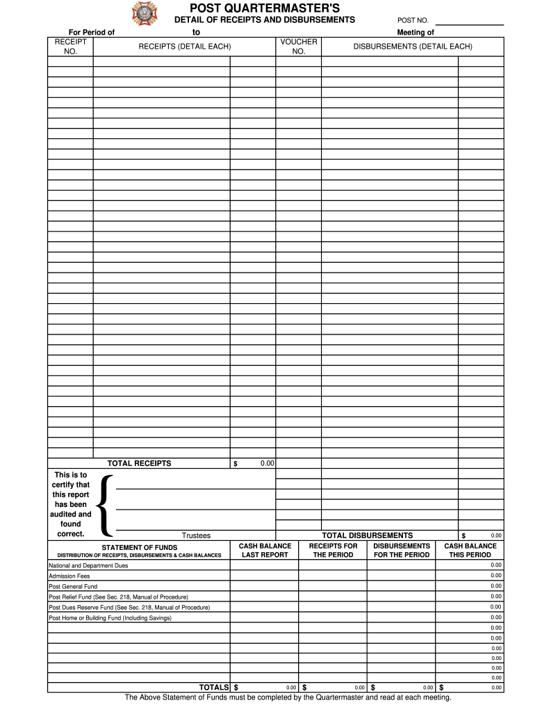 Monthly Detail of Receipts and Disbursements (Form 4208) - ksvfw Preview on Page 1