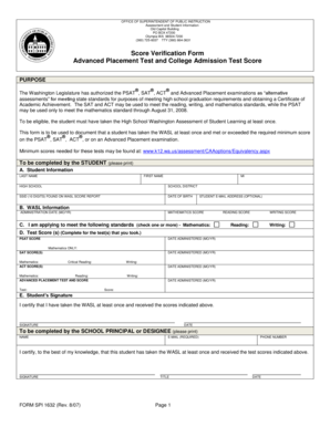 Washington State Score Verification Form