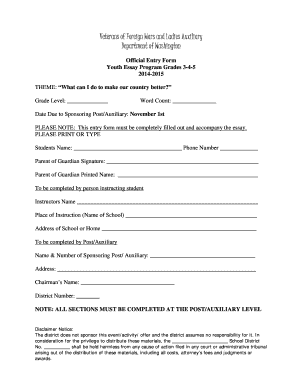 Veterans of Foreign Wars Youth Essay Program Entry Form