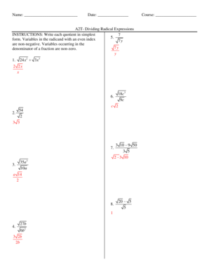A2T Dividing Radical Expressions Worksheet
