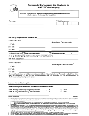 Anzeige der Fortsetzung des Studiums im Masterstudiengang