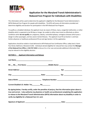 Maryland MTA Reduced Fare Application for Disabled