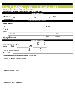 Telephone Email Reference Check and Verification Form