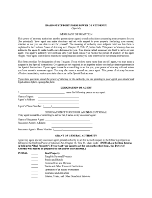 Idaho Statutory Power of Attorney Form