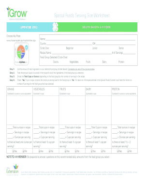Special Foods Serving Size Worksheet
