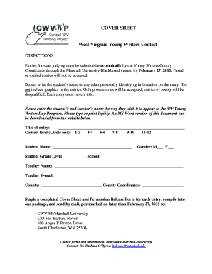 West Virginia Young Writers Contest Cover Sheet