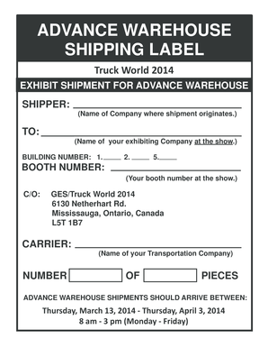 Truck World 2014 Advance Warehouse Shipping Label
