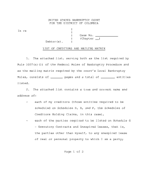 Bankruptcy Creditor List and Mailing Matrix