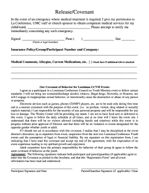 Louisiana CCYM Event Medical Release and Covenant