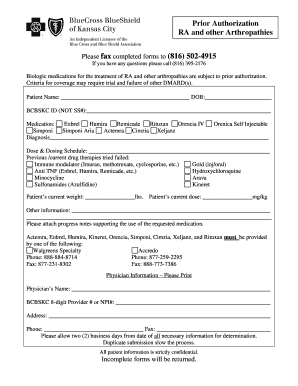Prior Authorization Form for RA and Arthropathies