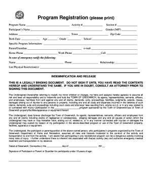 Town of Greenwich Program Registration and Indemnification Form