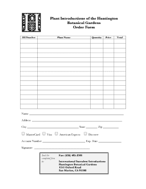 Huntington Botanical Gardens Plant Order Form