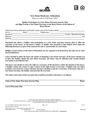 Maryland New Home Disclosure Addendum